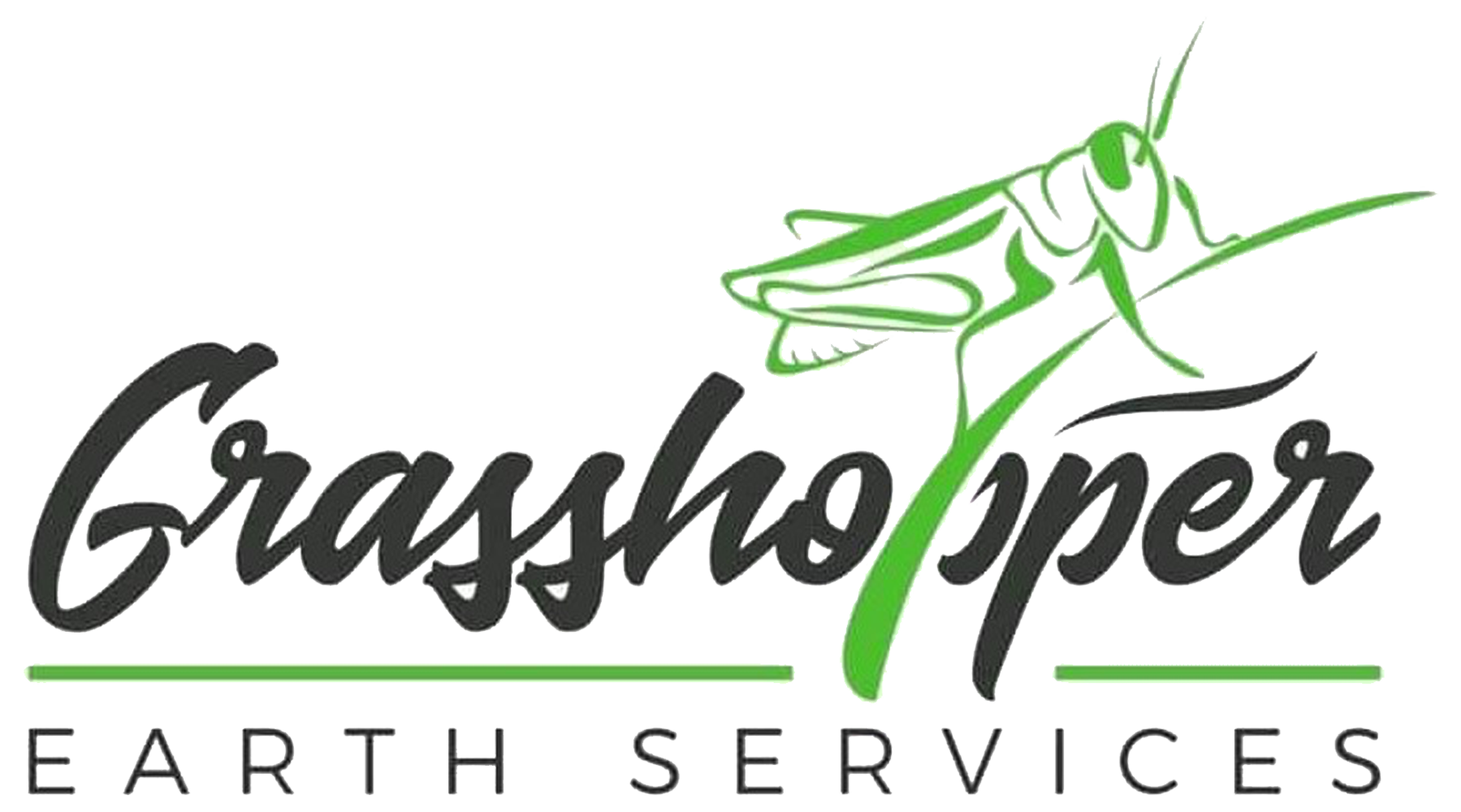 Logo for Grasshopper Earth Services with a green grasshopper illustration and text.