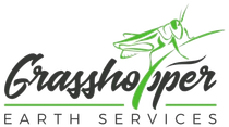 Logo for Grasshopper Earth Services with a green grasshopper illustration and text.