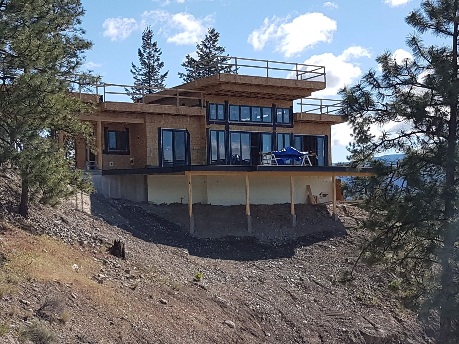 A large house sits on top of a hill surrounded by trees