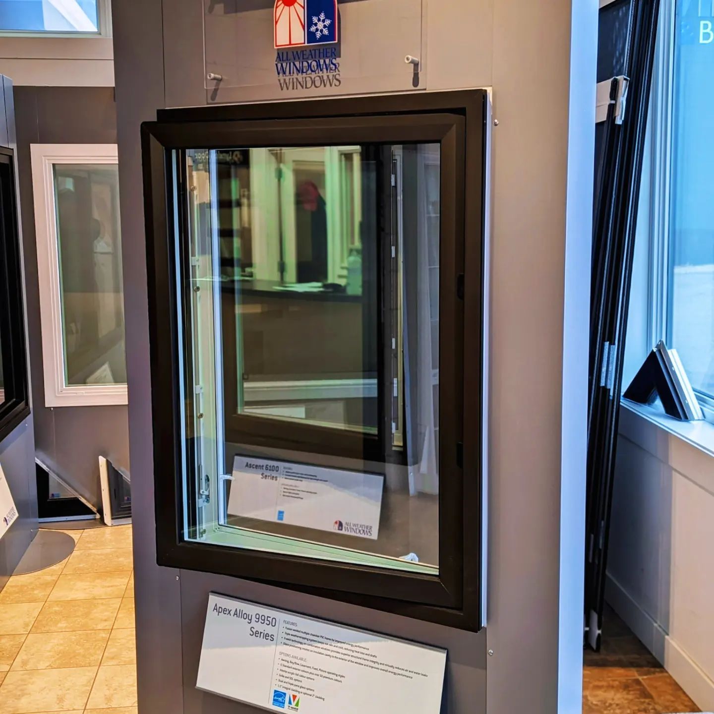 A window with a black frame is on display in a store.