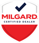 A milgard certified dealer logo with a check mark on it