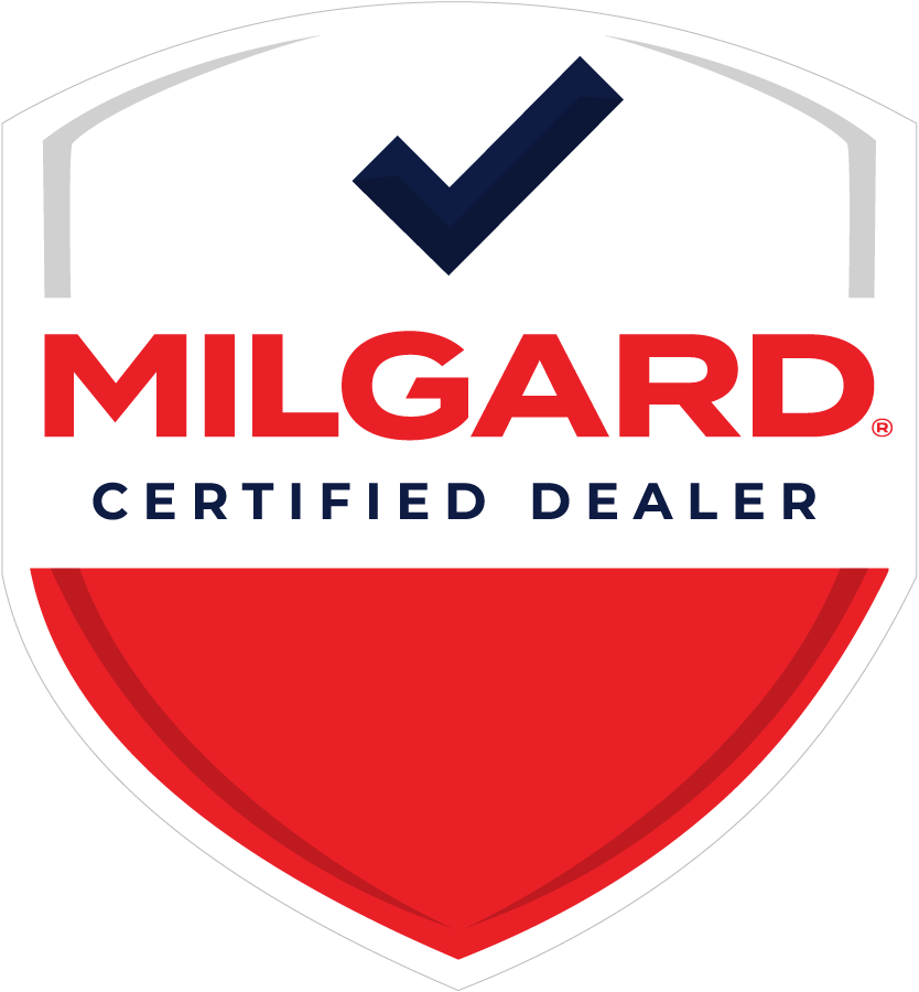 A milgard certified dealer logo with a check mark on it