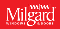 The logo for milgard windows and doors is on a red background.