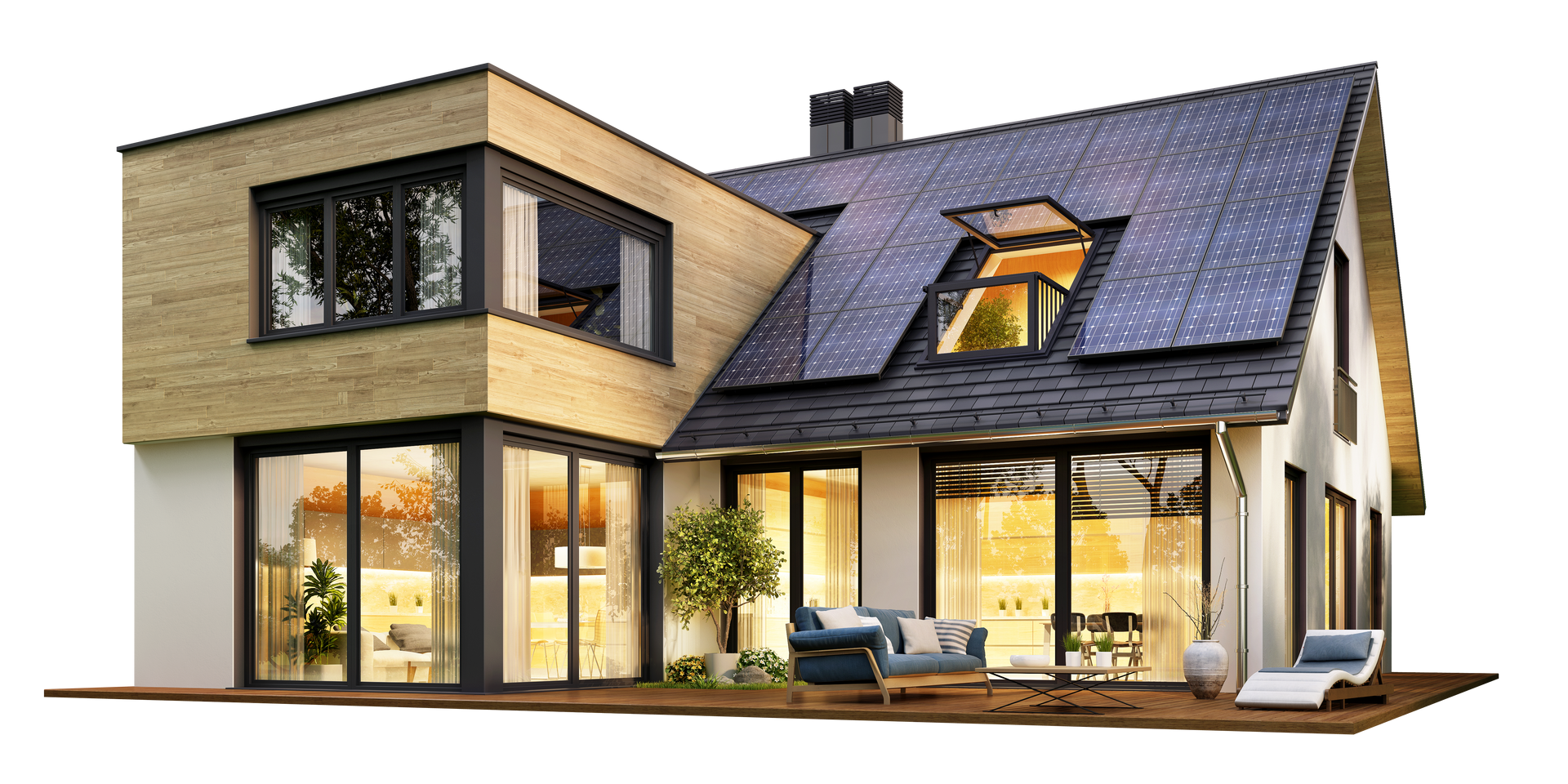 A house with a lot of windows and solar panels on the roof.