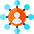 Orange-and-blue abstract flower-like icon on a white background