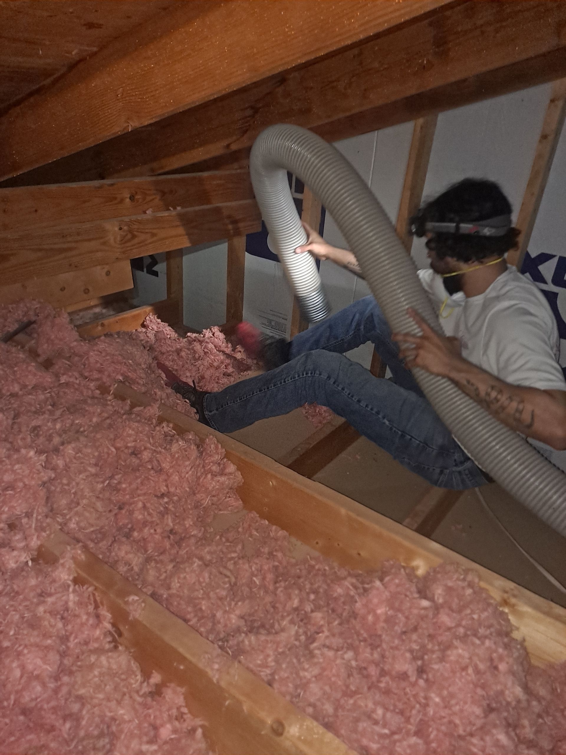 A man is using a vacuum hose to remove insulation from the attic.
