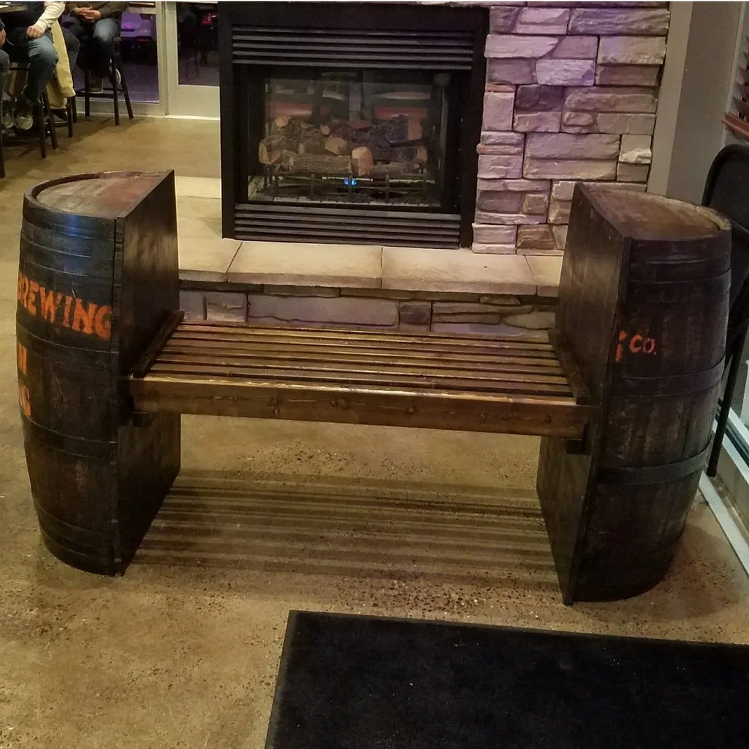 Wooden bench made from barrels 