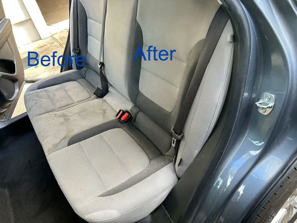 Split-screen view of a car seat showing a dirty section labeled 