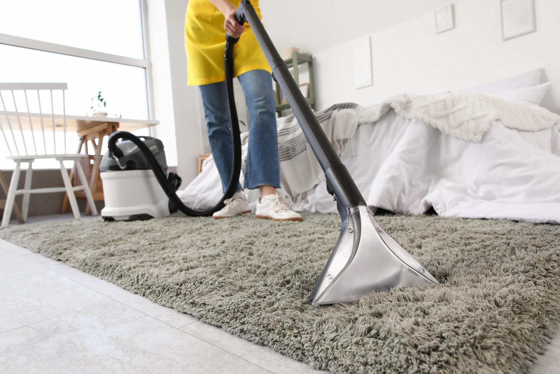 Young woman vacuum cleaning carpet.