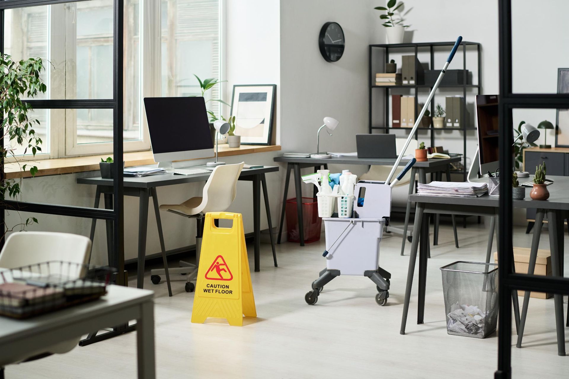 A bright office with a yellow wet floor sign and a rolling cleaning cart with supplies parked in the center.