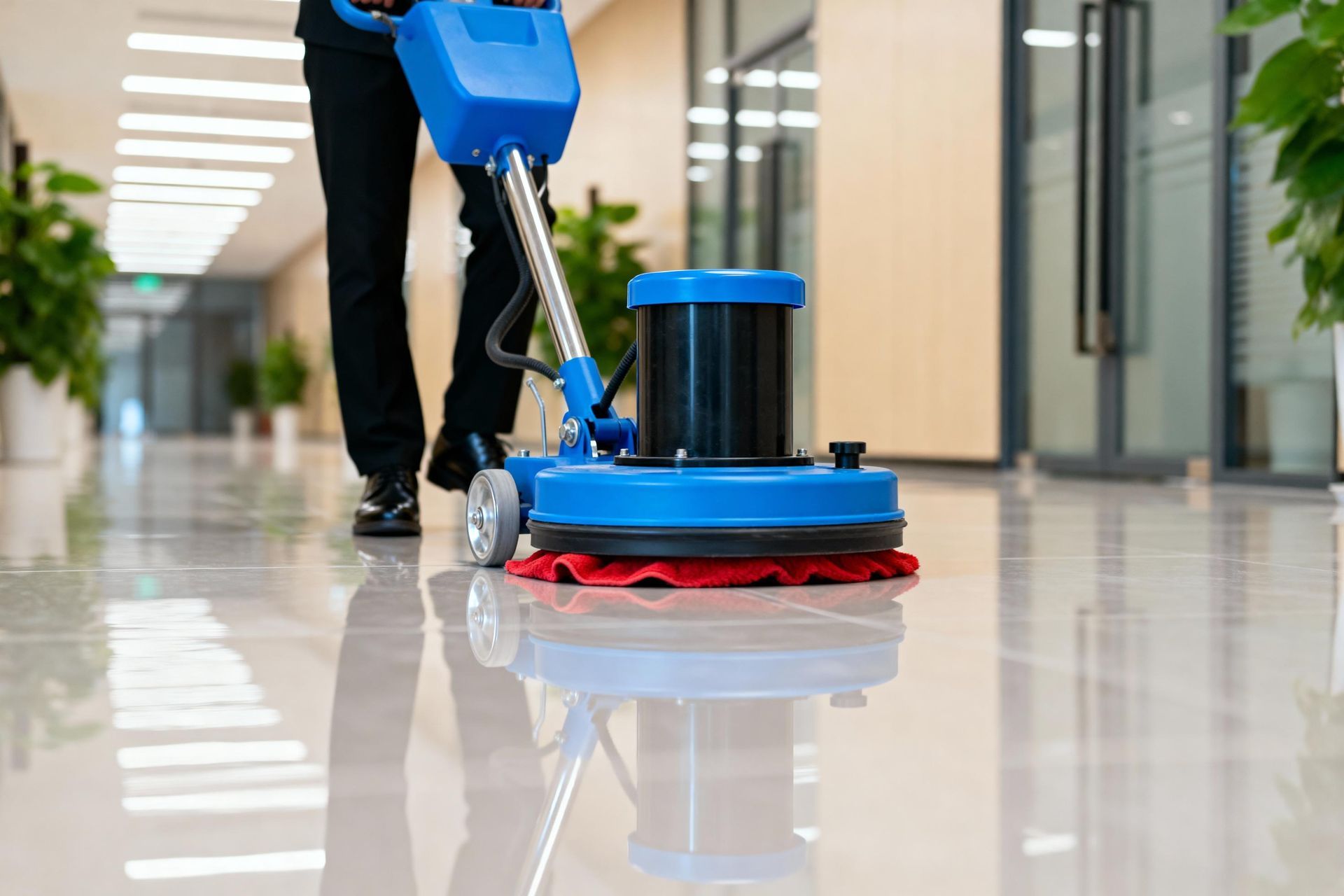 A person operates a blue floor-polishing machine on a shiny tile floor in a modern office hallway.