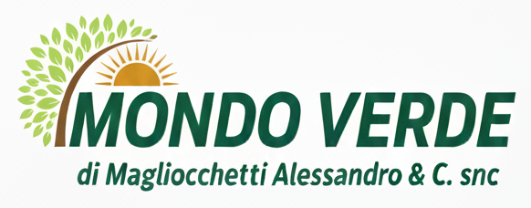 Logo per l'azienda Mondo Verde. Presenta testo verde, un albero e un sole.