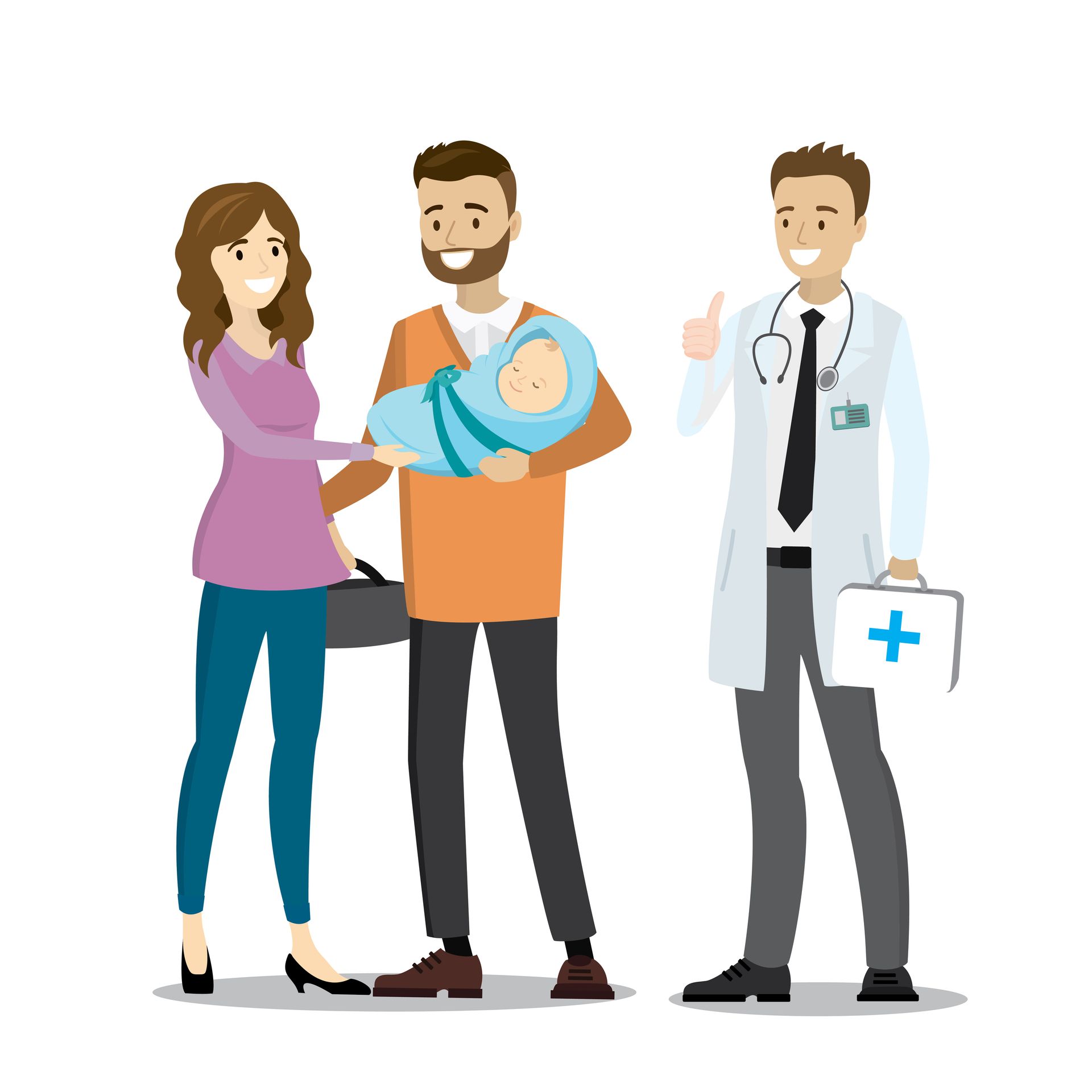 cartoon drawing of mother, father, baby and male doctor