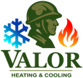 Valor Heating & Cooling logo with green soldier, blue snowflake, and red flame
