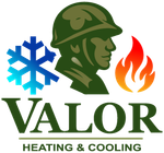 Valor Heating & Cooling logo with green soldier, blue snowflake, and red flame