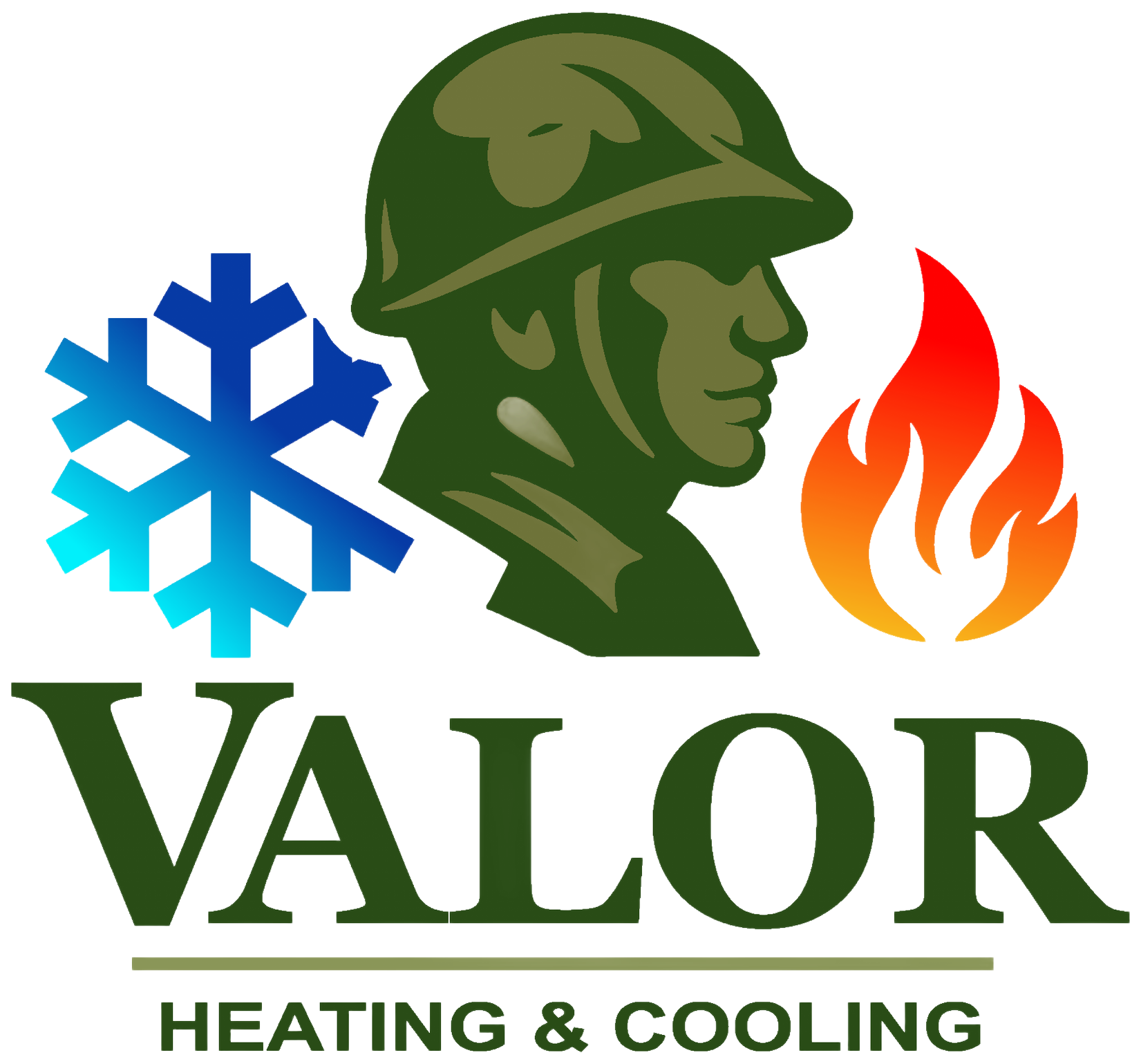 Valor Heating & Cooling logo with green soldier, blue snowflake, and red flame