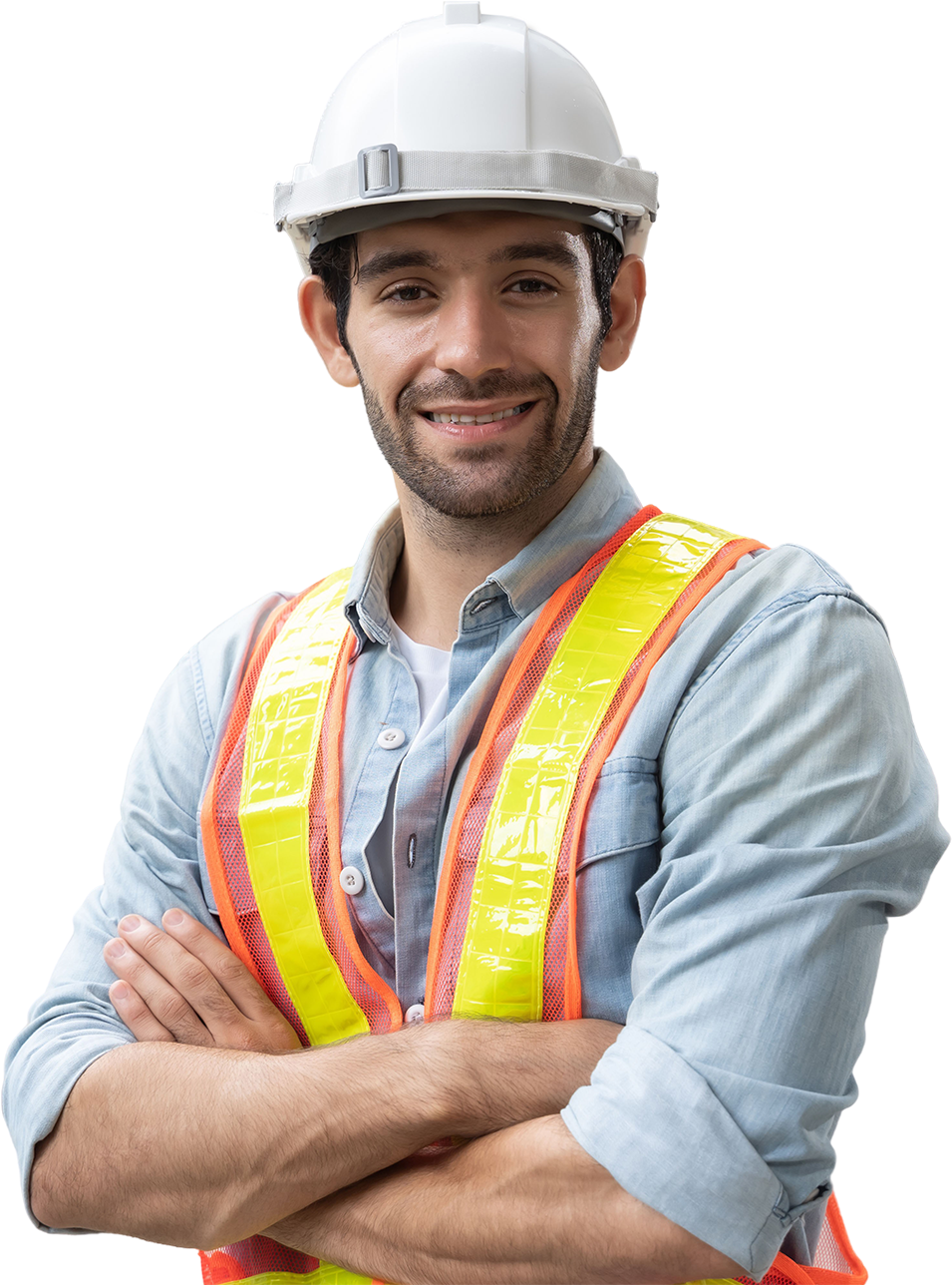 engineer at building site looking at camera. Male construction manager wearing white helmet and yellow safety vest isolated white background, remove background