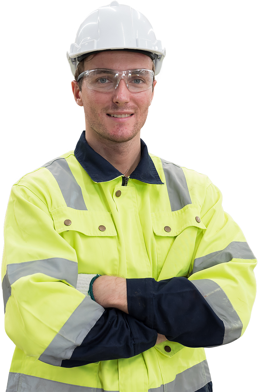 male engineer wear uniform and helmet standing witch crossed arms on white background