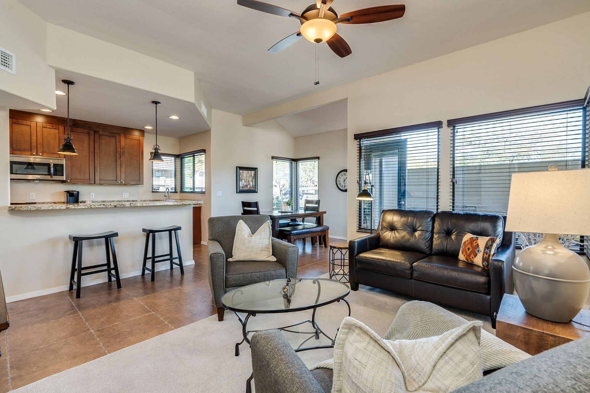 Kitchen and living room open floor layout of our VRBO tucson
