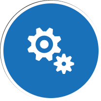 Two white gear icons on a blue circle, signifying settings or configuration.