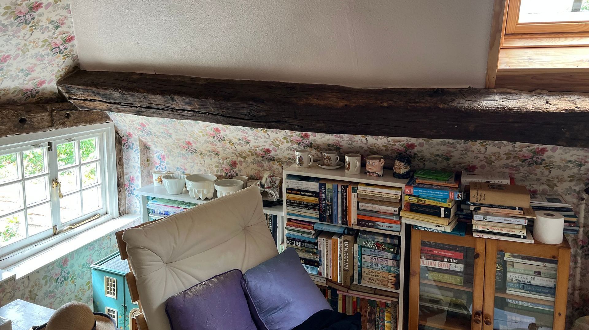 A living room with a couch and a bookshelf filled with books.