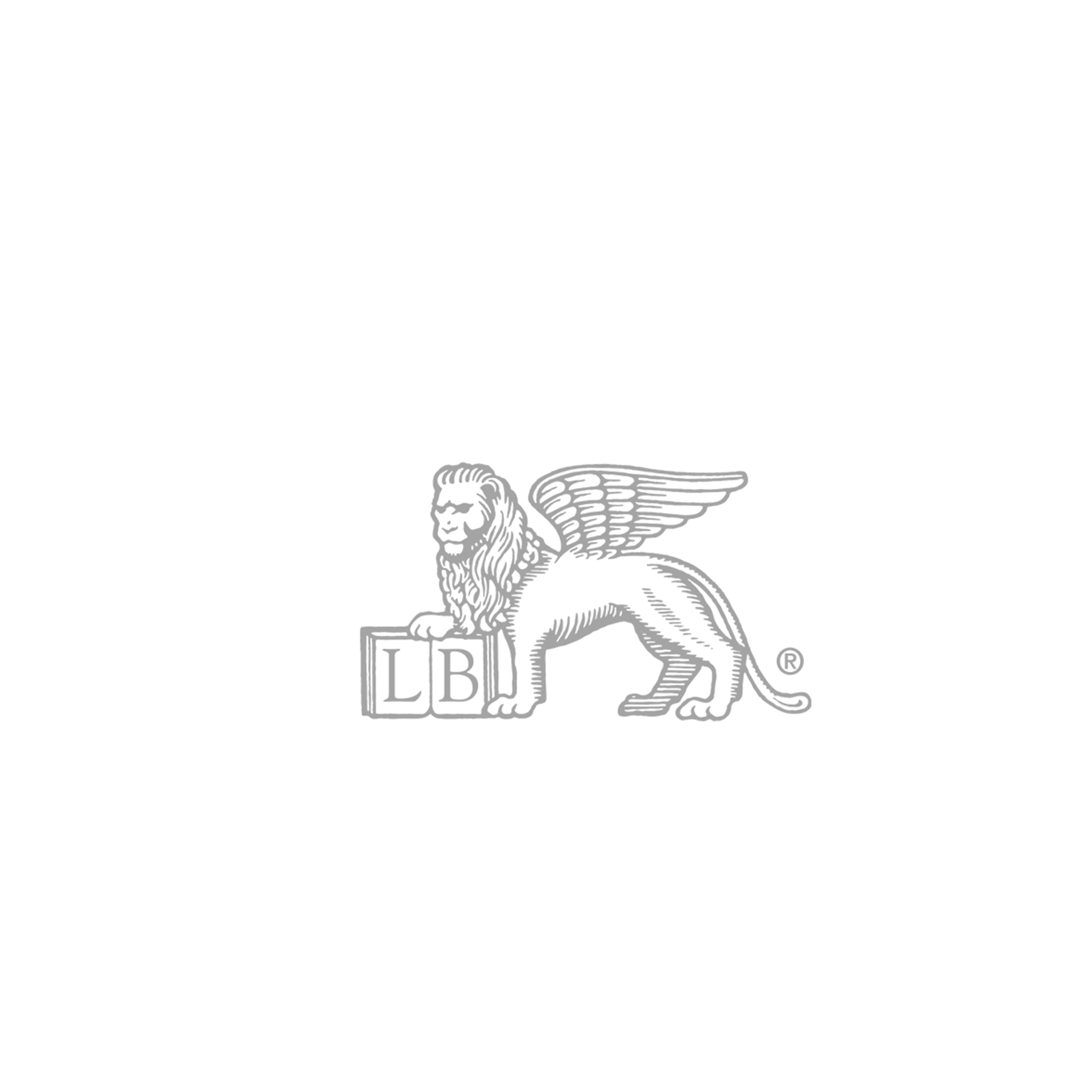 A black and white drawing of a lion with wings holding a box.