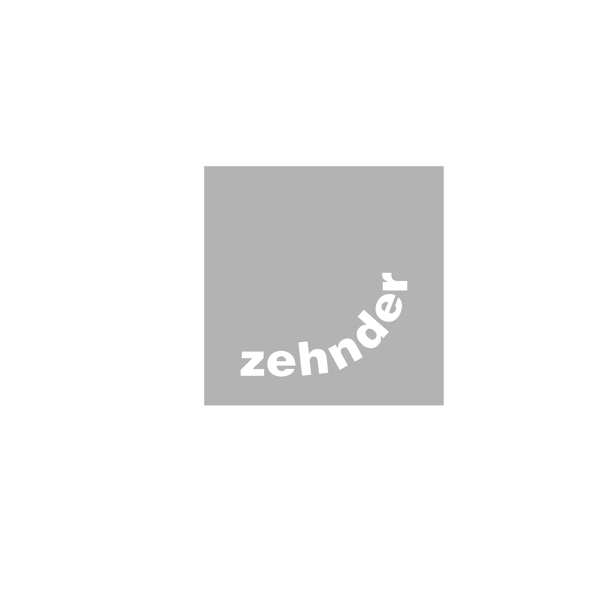 The logo for zehnder is a gray square with a white circle around it.