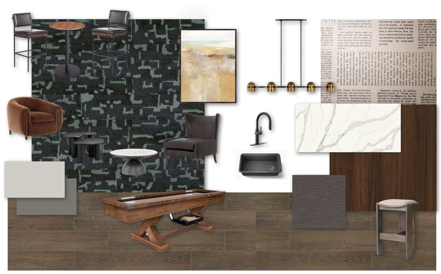 Mood board with furniture, finishes, and decor for a contemporary game room. Dark and neutral colors dominate.