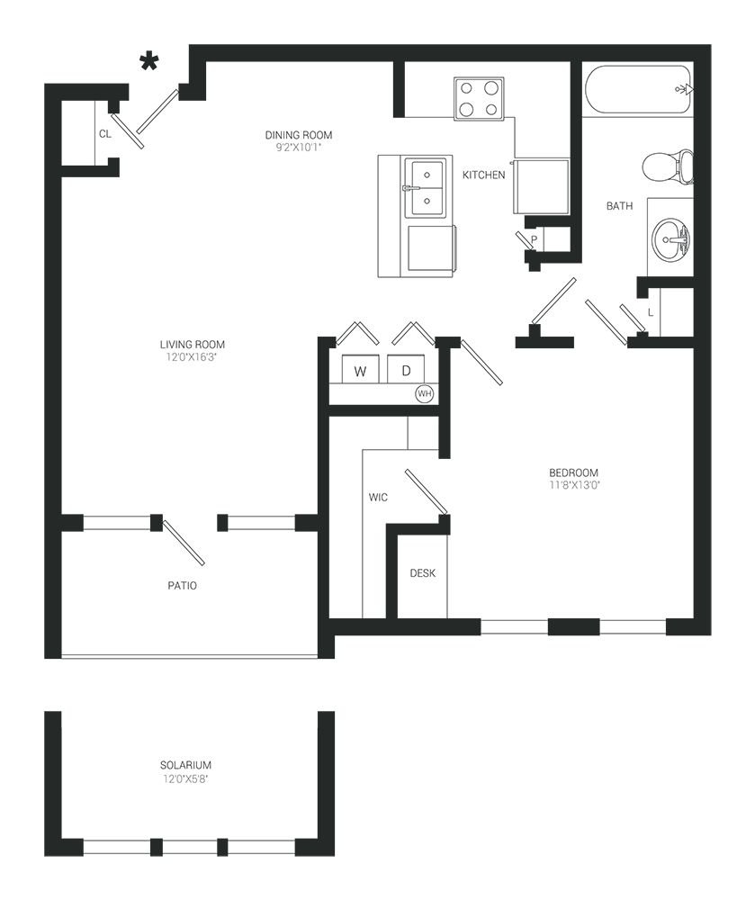 Floor plan of a junior 1-bedroom apartment. Shows living room, kitchen, bedroom, bathroom, and closets.