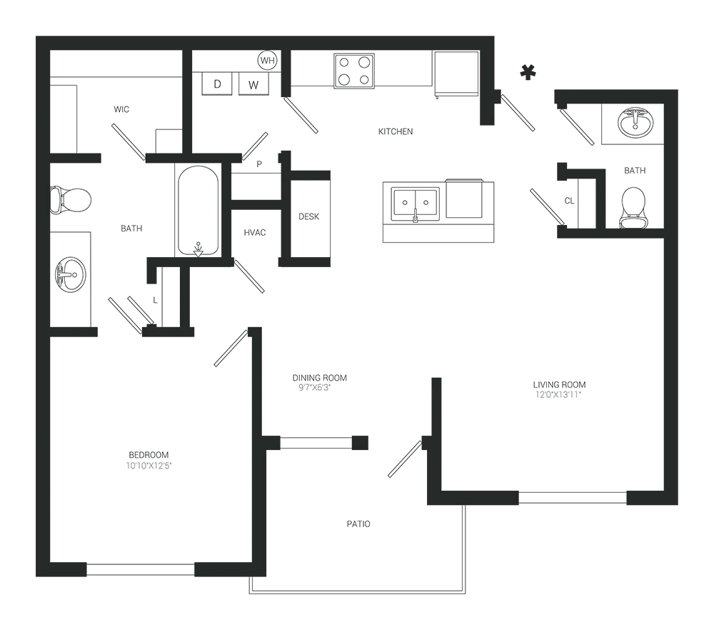 Floor plan of a studio apartment: living room, bedroom, kitchen, bathroom.