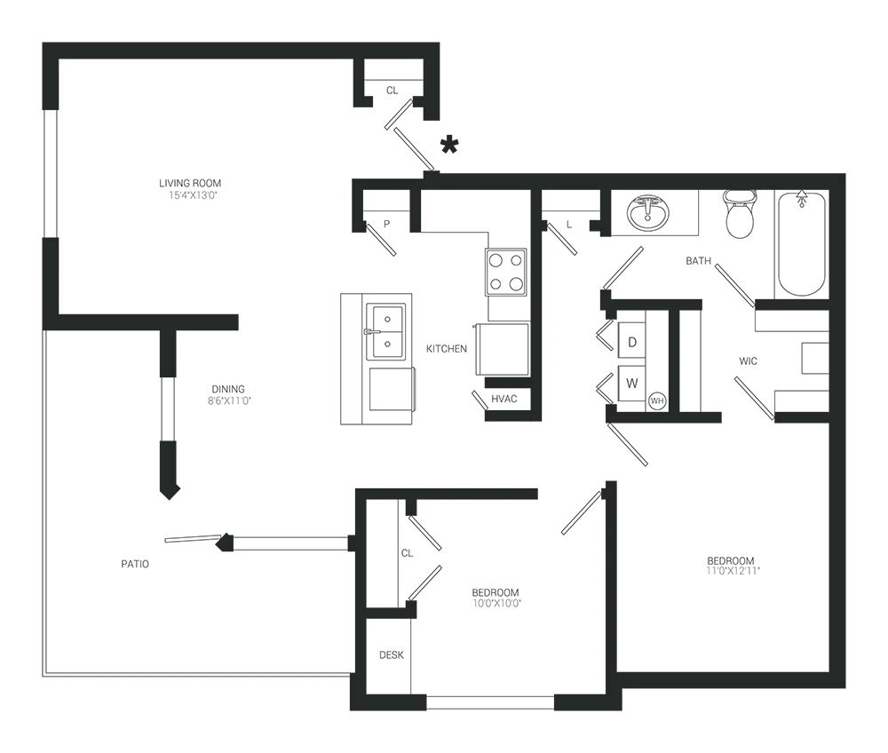 Floor plan of a 1-bedroom, 1-bath apartment. Includes kitchen, living room, bedroom, and bathroom.