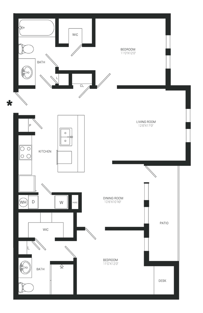 Floor plan of a junior 1-bedroom apartment. Shows living room, kitchen, bedroom, bathroom, and closets.