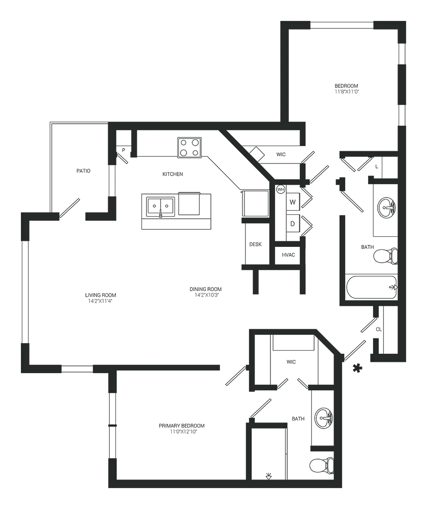 Floor plan of a studio apartment: living room, bedroom, kitchen, bathroom.