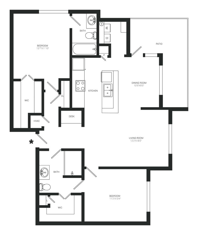 Floor plan of a 1-bedroom, 1-bath apartment. Includes kitchen, living room, bedroom, and bathroom.