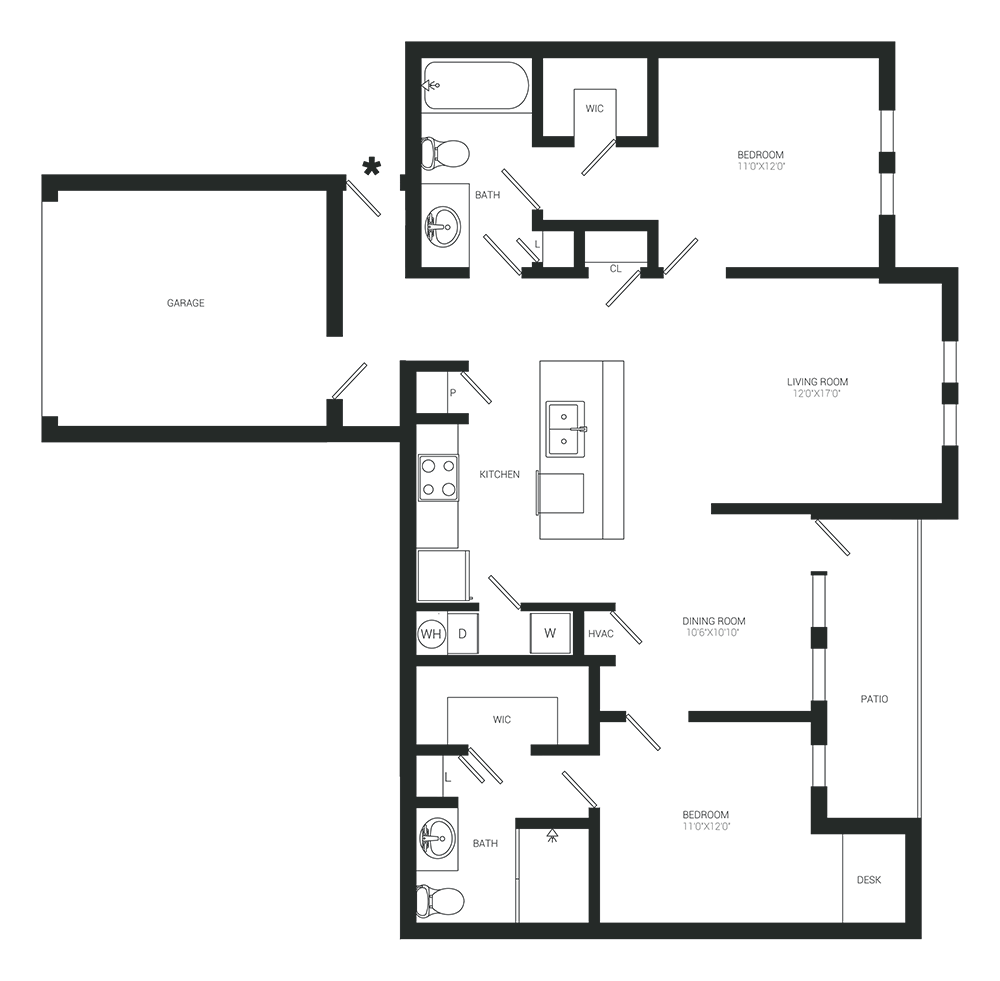 Floor plan of a junior 1-bedroom apartment. Shows living room, kitchen, bedroom, bathroom, and closets.