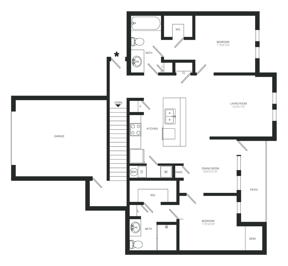 Floor plan of a studio apartment: living room, bedroom, kitchen, bathroom.