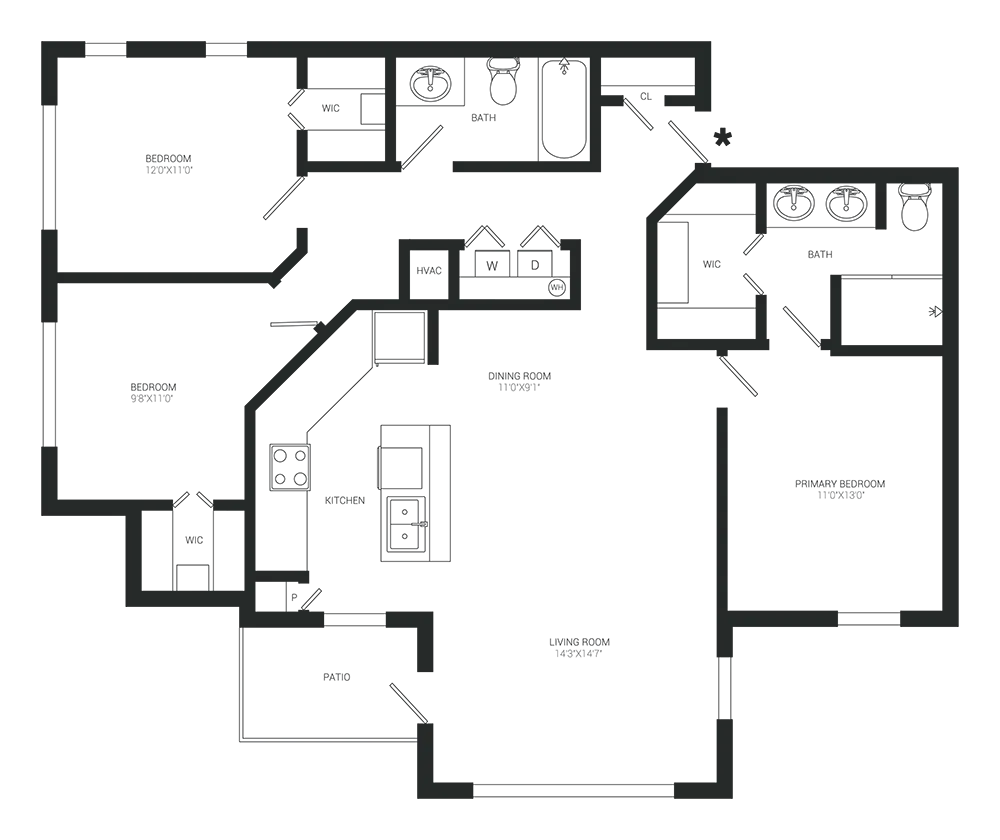 Floor plan of a 1-bedroom, 1-bath apartment. Includes kitchen, living room, bedroom, and bathroom.