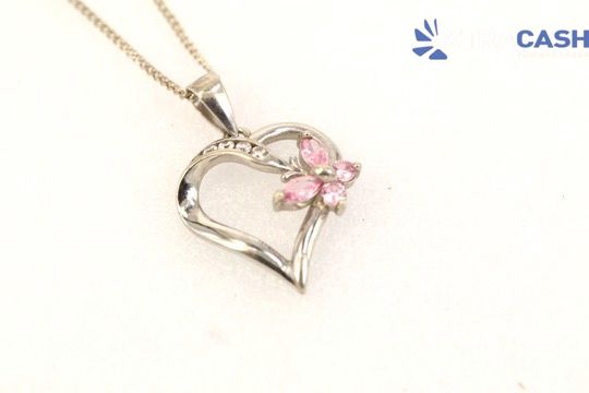 Sterling Silver Heart With Pink Butterfly Pendant And Necklace