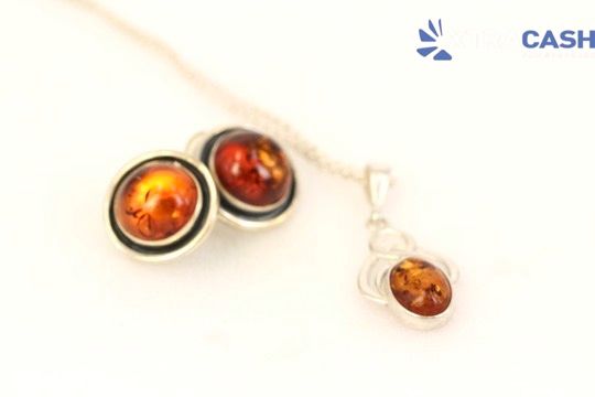 Sterling Silver Amber Necklace and Earrings Set