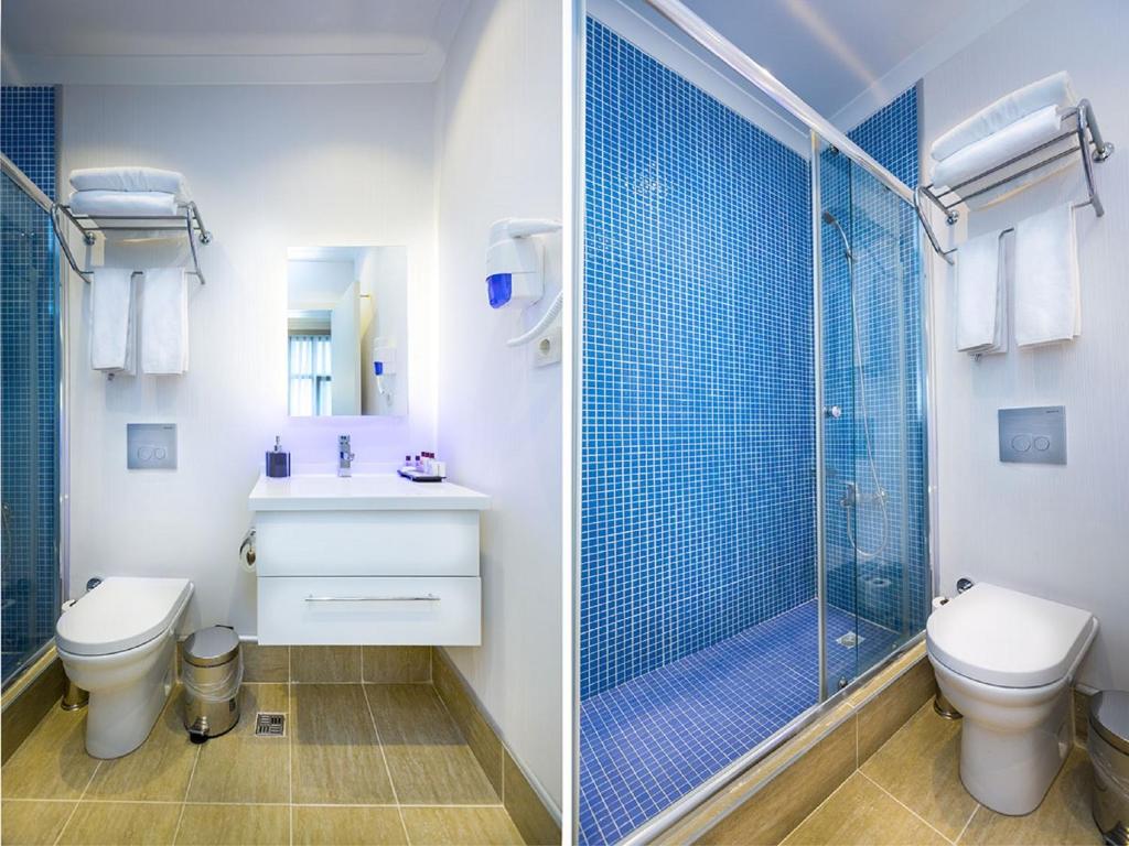 Fatih Hotel Corner, A bathroom with a toilet , sink and shower.