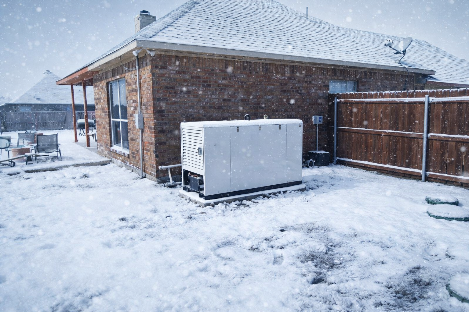 Snowy backyard with a brick house and a white generator.