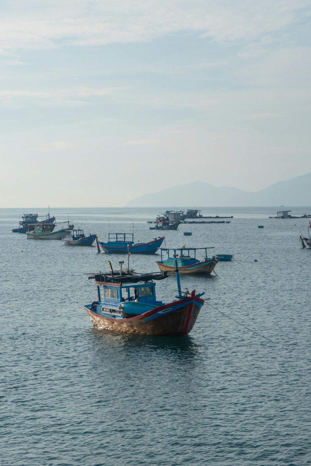 Several small blue and wooden fishing boats floating on a calm sea under a hazy, pale sky.