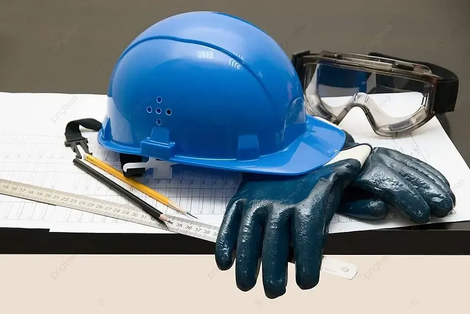 Construction workers in high-visibility vests work on a concrete platform supported by steel scaffolding in the fog.
