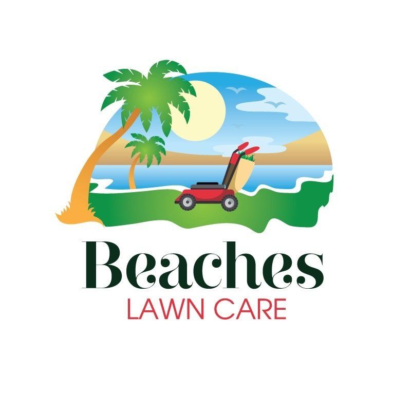 Logo: Palm trees on an island with sunburst, above 