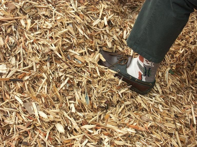 Person's foot in a shoe and patterned sock standing on a pile of wood chips.