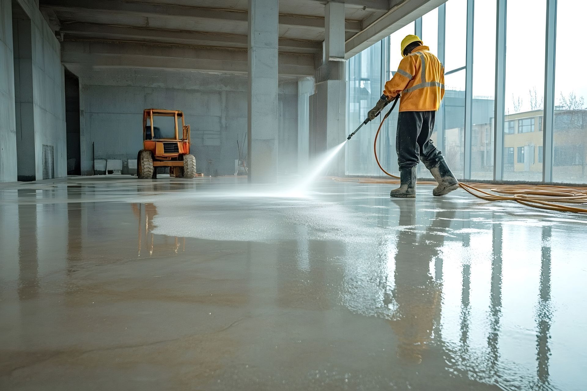 Worker power washing a concrete floor in a building under construction.