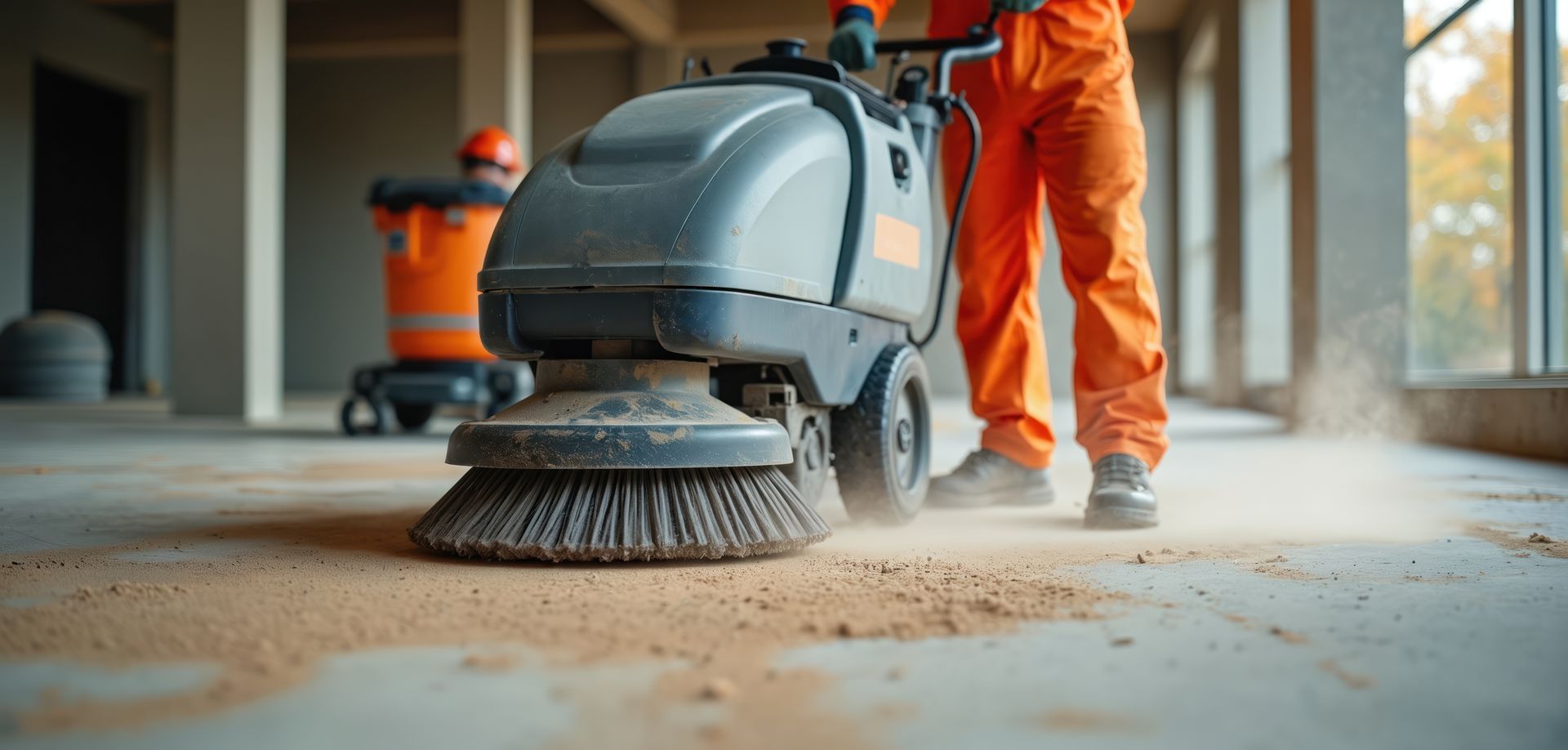A worker in orange overalls uses a floor sweeper on a dusty concrete floor in a construction site.