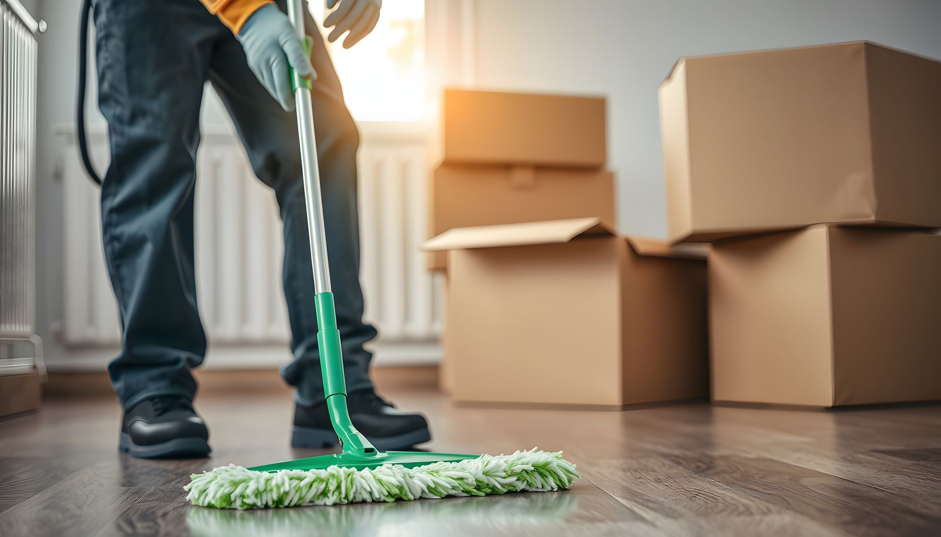 Person mopping a hardwood floor in a room with cardboard boxes; sunlight streams in.