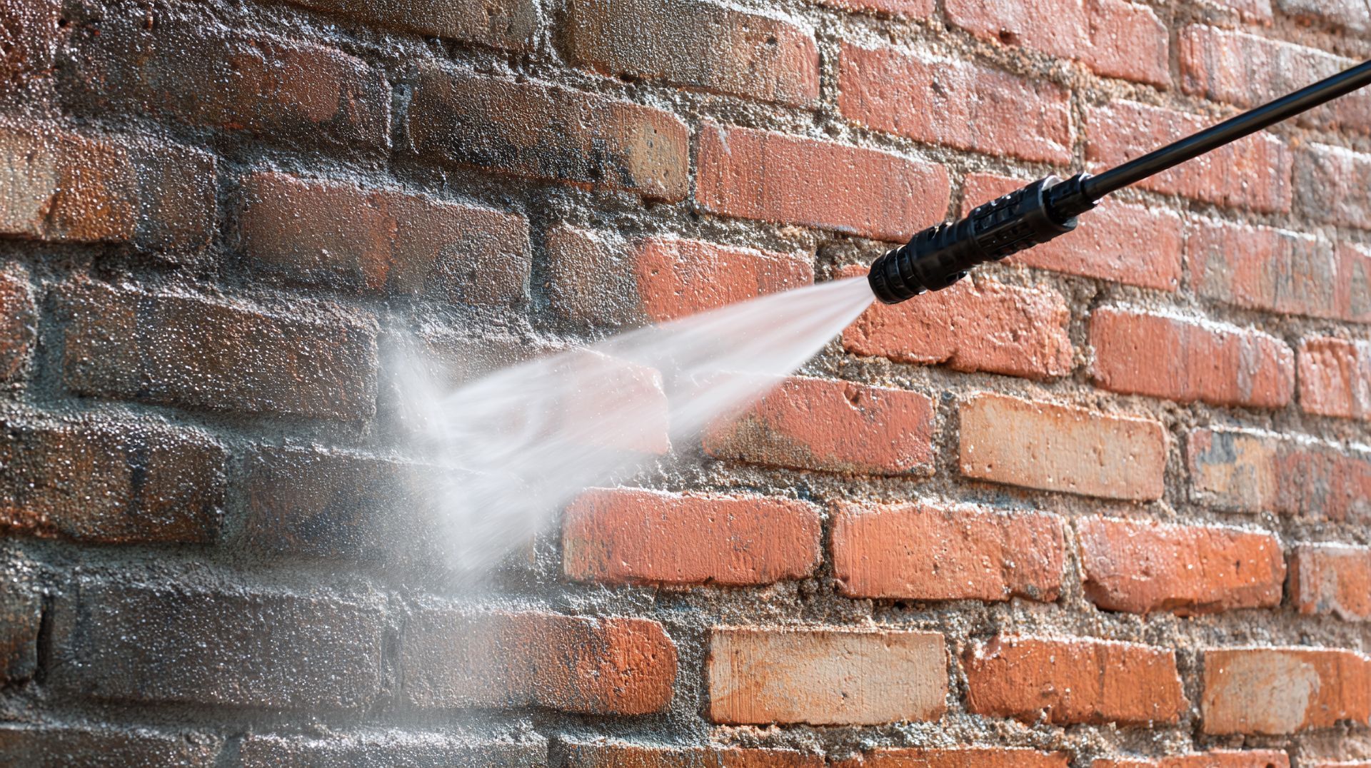Pressure washer cleaning a brick wall; removing dirt and grime.