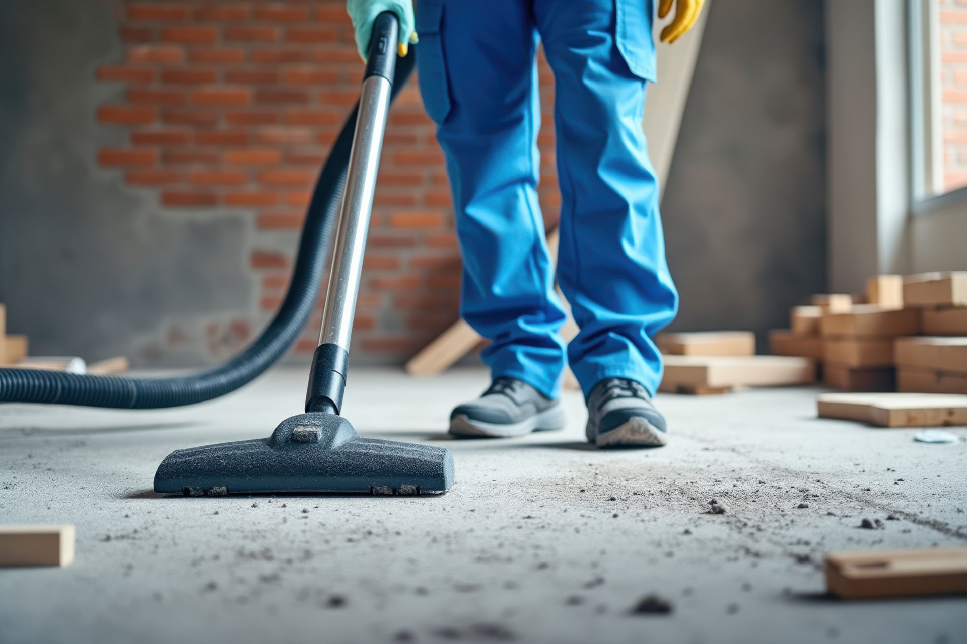 Person in blue work pants vacuums a dusty concrete floor in a construction site.
